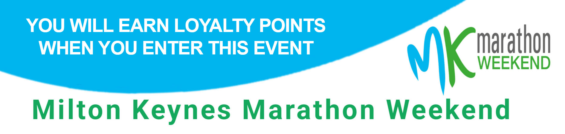 A blue and white banner with green text