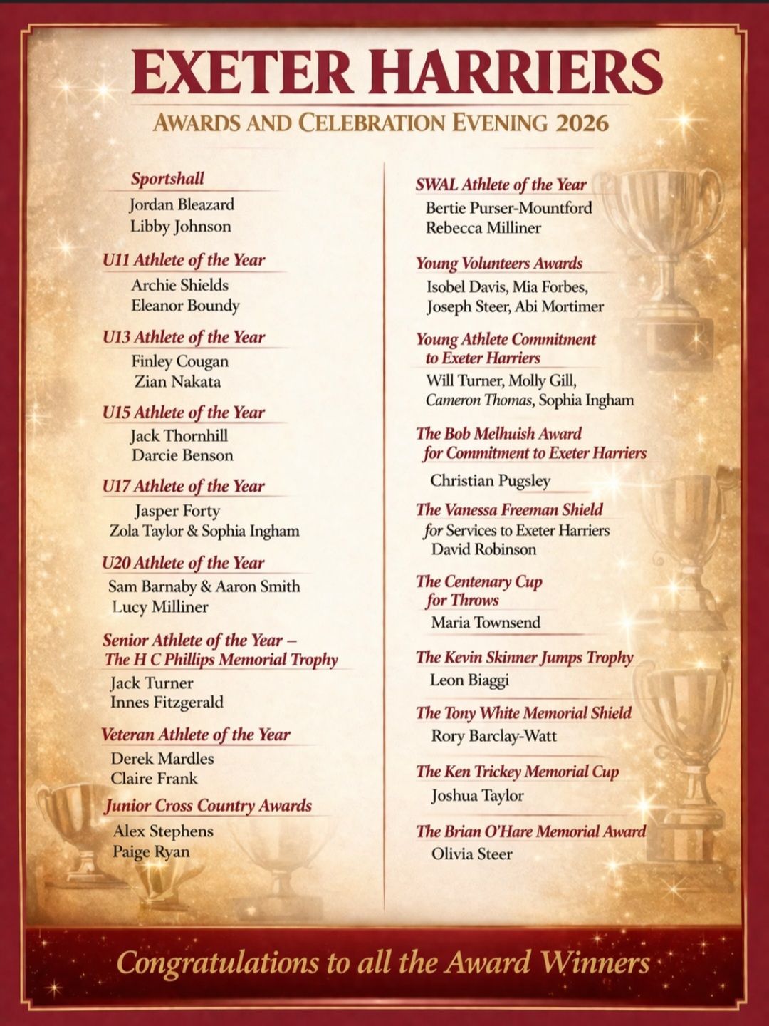 Exeter Harriers Awards and Celebration Evening 2026!